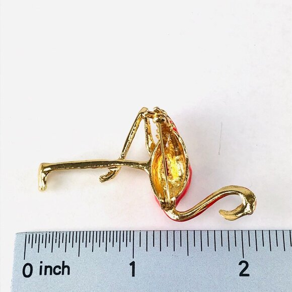 Brooch Pink Flamingo Pin Enamel & Rhinestones Gold Tone - Picture 2 of 2